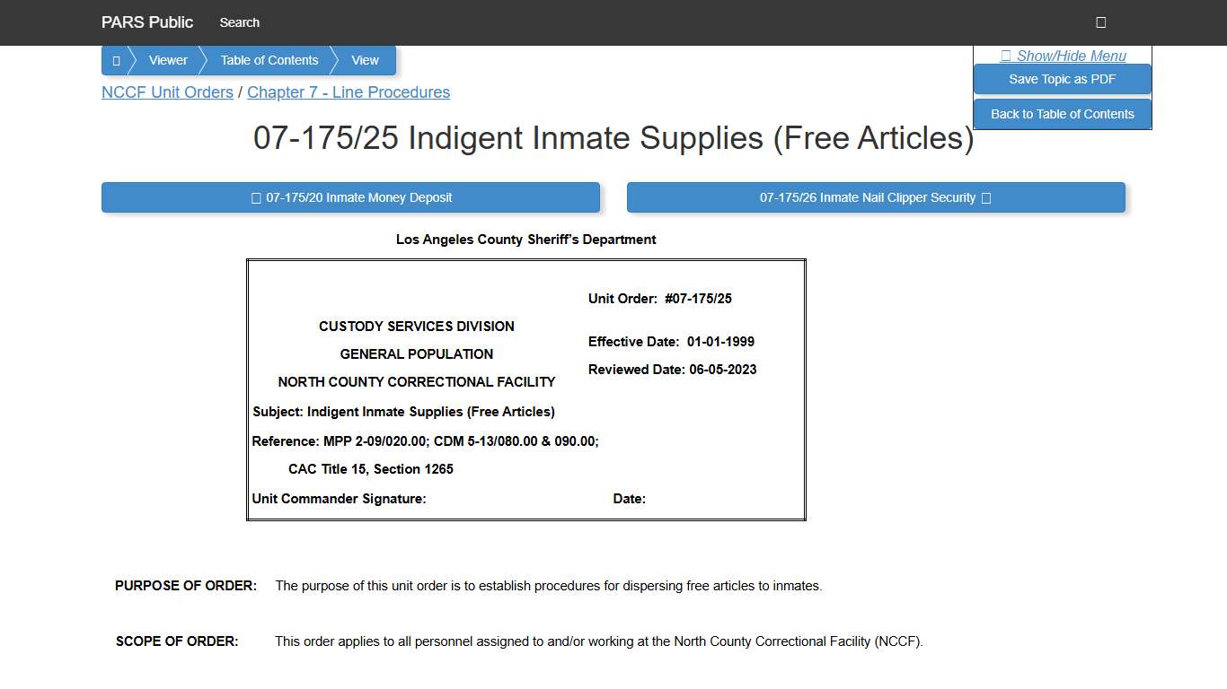 07-175/25 Indigent Inmate Supplies (Free Articles) - PARS Public Viewer
